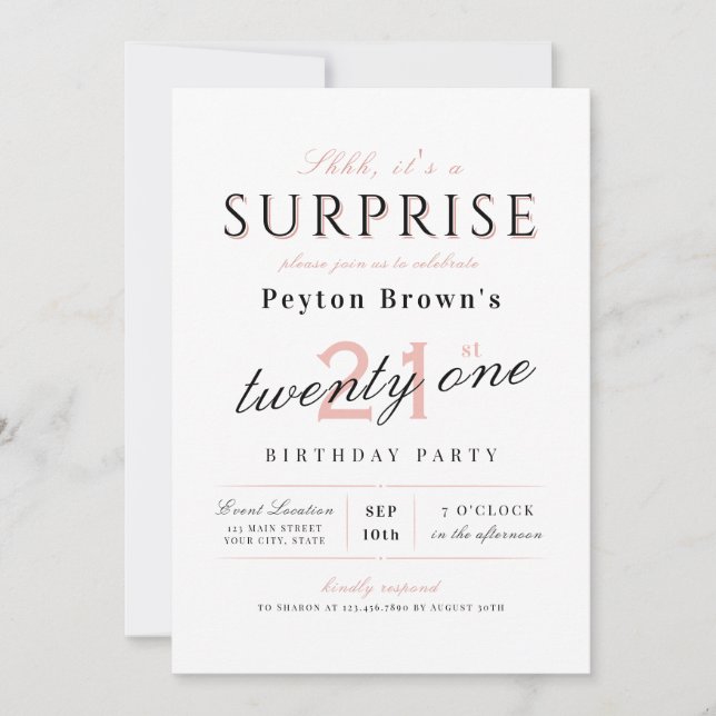 Invitation Elégante surprise moderne et classe 21e anniversai (Devant)