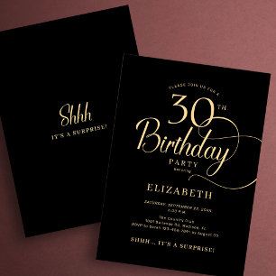 Invitation Élégante surprise pour les 30 ans en or noir écrit
