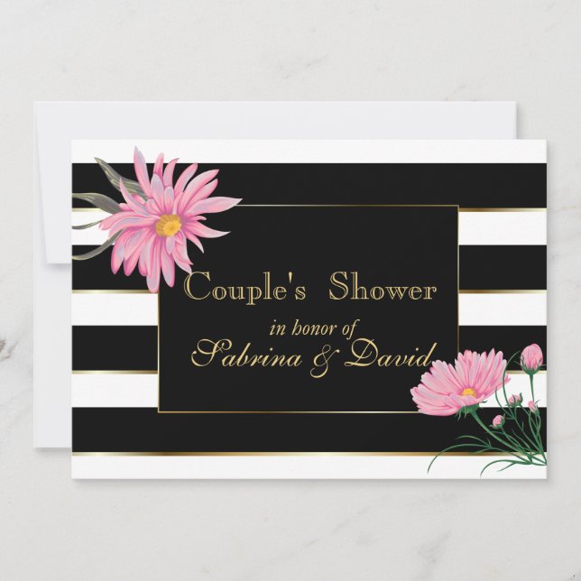 Invitation Elégante tache noire rose florale Couple Douche (Devant)