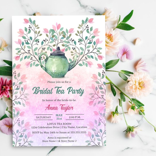 Invitation Elégante Tea Party Teapot Floral (Elegant tea party invite with  teapot and floral design elements front view.)