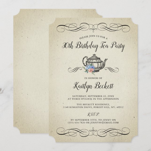 Invitation Elégante Tea Party Vintage | Anniversaire (Devant / Derrière)