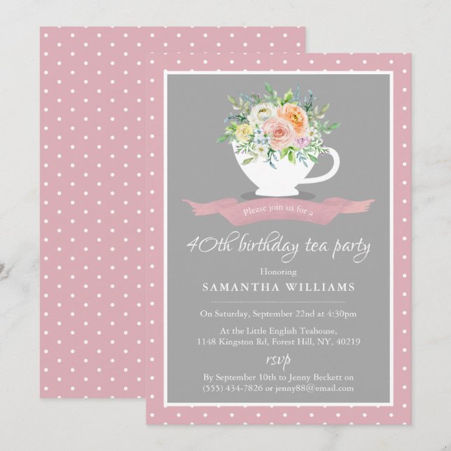 Invitation Elégante Teacup Floral Anniversaire Tea Party (Devant / Derrière)