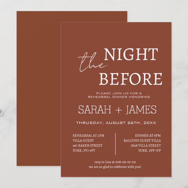 Invitation Élégante Terracotta la nuit avant le dîner Mariage (Devant / Derrière)