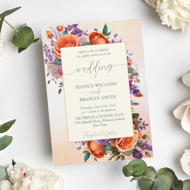Invitation Élégante terre cuite orange violet fleurs modèle (Créateur téléchargé)