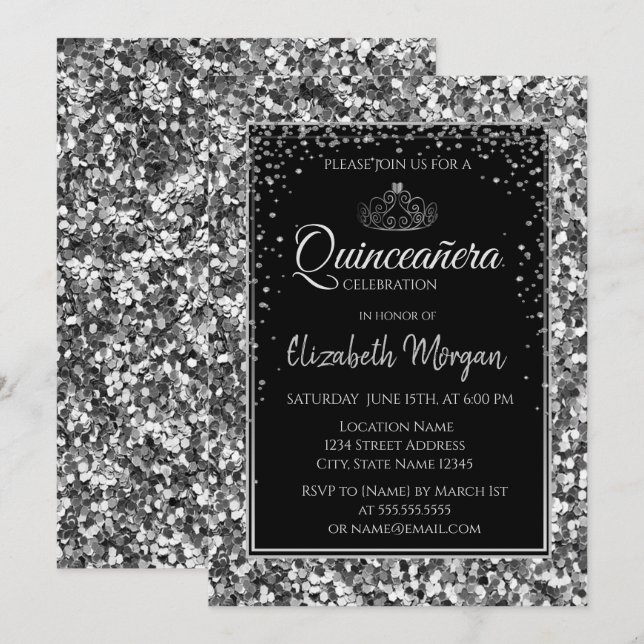 Invitation Elégante Tiara d'argent moderne, Séquins Quinceane (Devant / Derrière)
