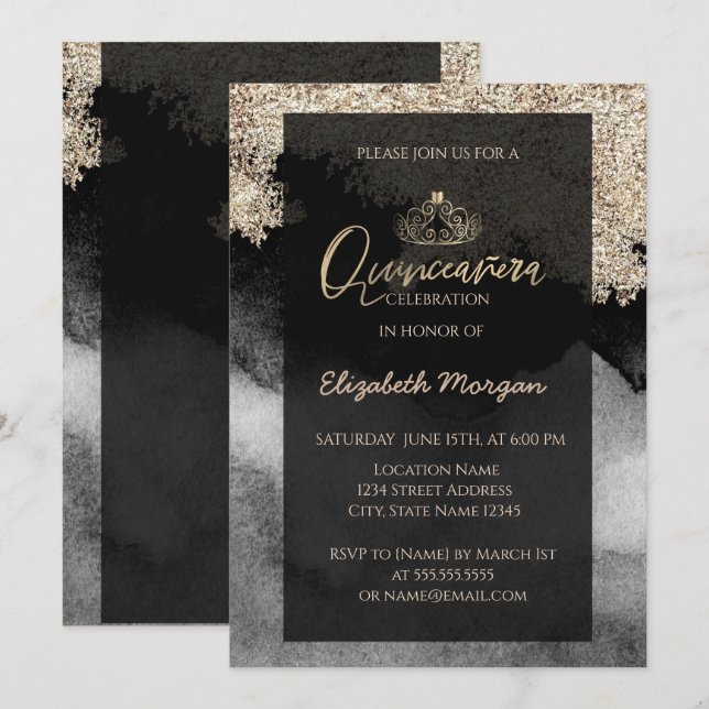 Invitation Elégante Tiara d'or moderne, Marbre, Confetti (Devant / Derrière)