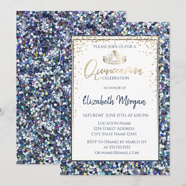 Invitation Elégante Tiara Or, Séquins Diamonds Quinceanera (Devant / Derrière)