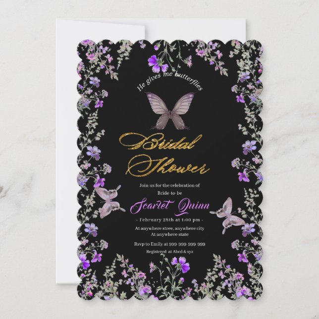 Invitation Elégante toile noire avec fleur sauvage violet bru (Devant)