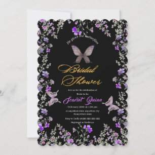 Invitation Elégante toile noire avec fleur sauvage violet bru