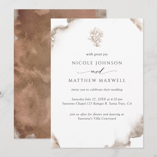 Invitation Elégante Tons Terre Aquarelle, Mariage Floral (Devant / Derrière)