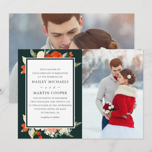 Invitation Elégante tradition Bouquet Floral Rouge Mariage ph (Devant / Derrière)