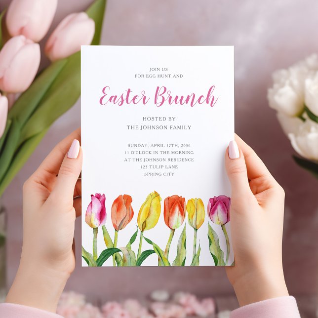 Invitation Elégante Tulipe florale Brunch de Pâques (Modern Purple Botanical Wreath Easter Brunch Invitation)