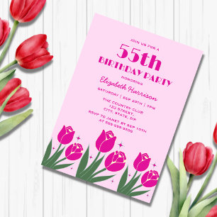 Invitation Elégante Tulipe rétro Floral Magenta Rose Annivers