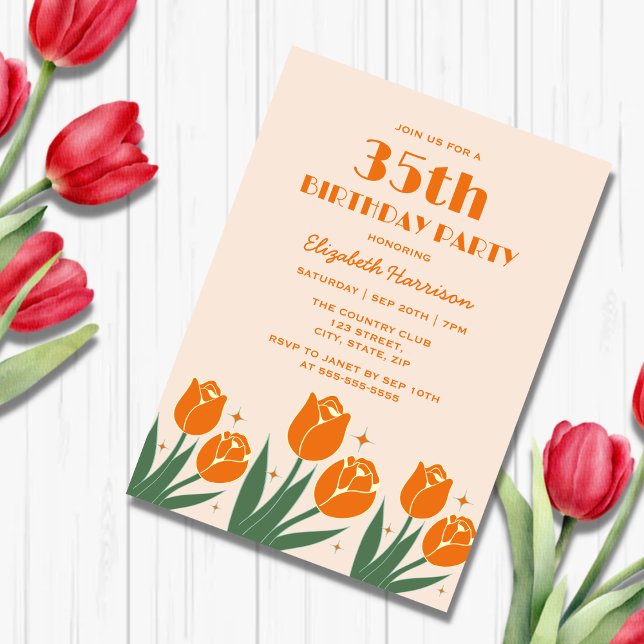 Invitation Elégante Tulipe rétro Floral Orange Anniversaire (Créateur téléchargé)