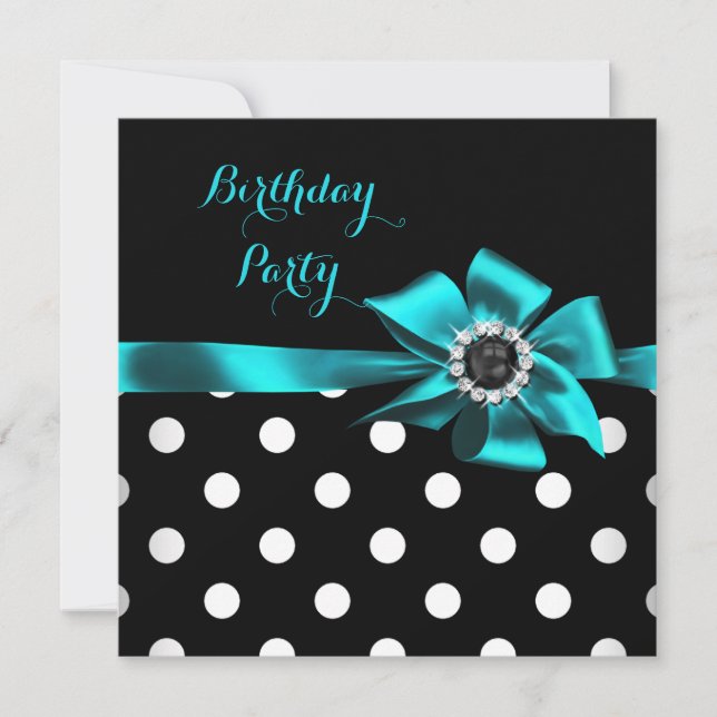 Invitation Elégante Turquoise Black White Pois fête d'anniver (Devant)