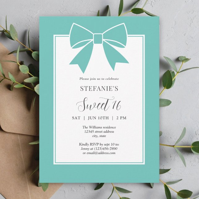 Invitation Elégante Turquoise Bleue Bow Sweet 16 Fille fête d (Créateur téléchargé)