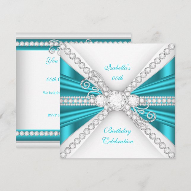Invitation Elégante Turquoise Blue Silver Diamond fête d'anni (Devant / Derrière)