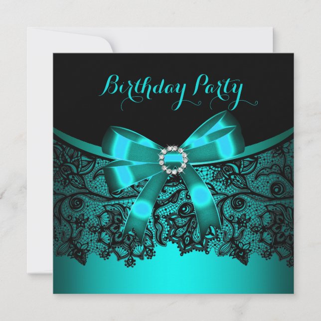 Invitation Elégante Turquoise Bow Black Lace Party 3 (Devant)