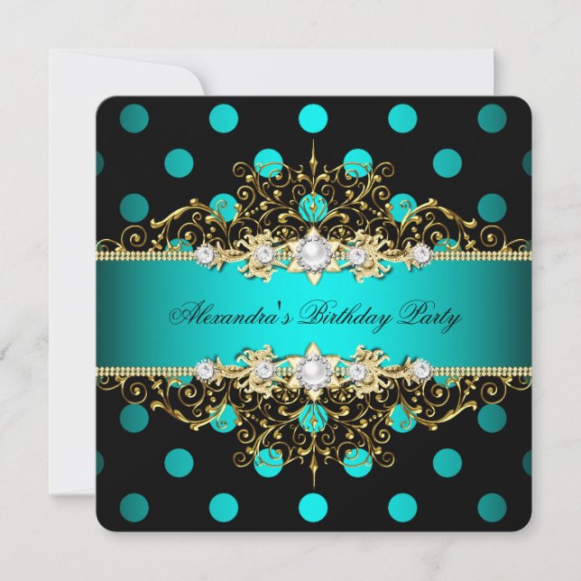 Invitation Elégante Turquoise Gold Black Pois fête d'annivers (Devant)