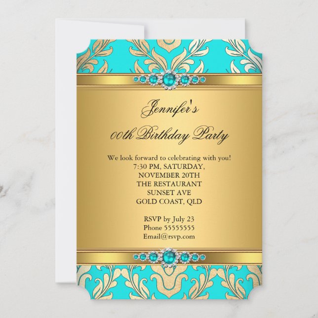 Invitation Elégante Turquoise Gold Damask Pearl fête d'annive (Devant)