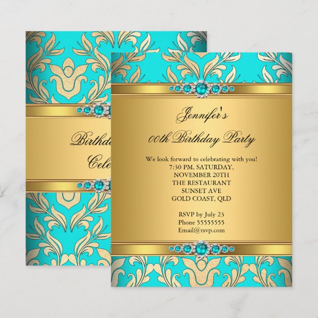 Invitation Elégante Turquoise Gold Damask Pearl fête d'annive (Devant / Derrière)