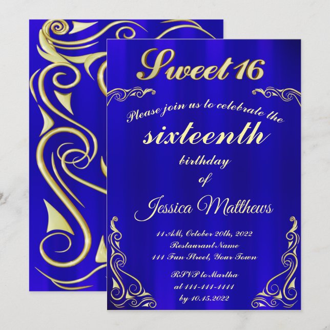 Invitation Élégante Typographie Bleue et Or Sweet 16 (Devant / Derrière)
