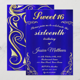 Invitation Élégante Typographie Bleue et Or Sweet 16