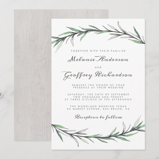 Invitation Élégante typographie Botanique Mariage de bois (Devant / Derrière)