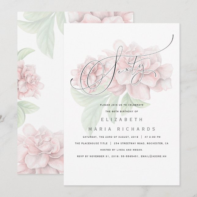 Invitation Élégante Typographie florale rose 60 Anniversaire (Devant / Derrière)