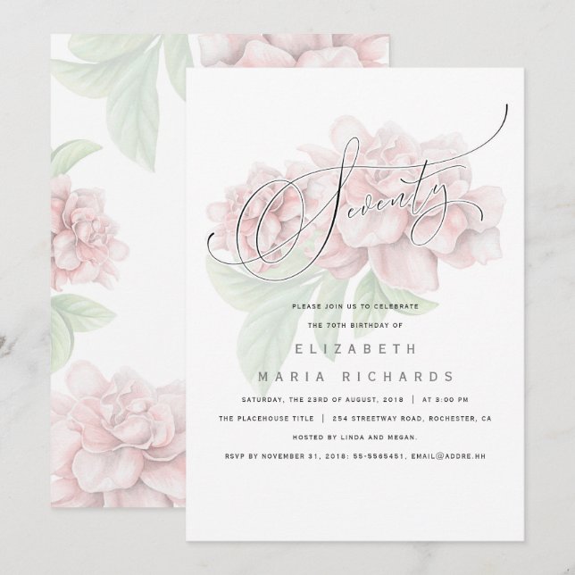 Invitation Élégante Typographie florale rose 70 Anniversaire (Devant / Derrière)