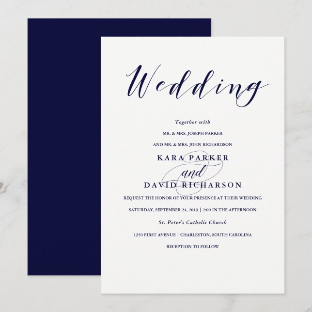 Invitation Élégante typographie| Mariage bleu marine (Devant / Derrière)