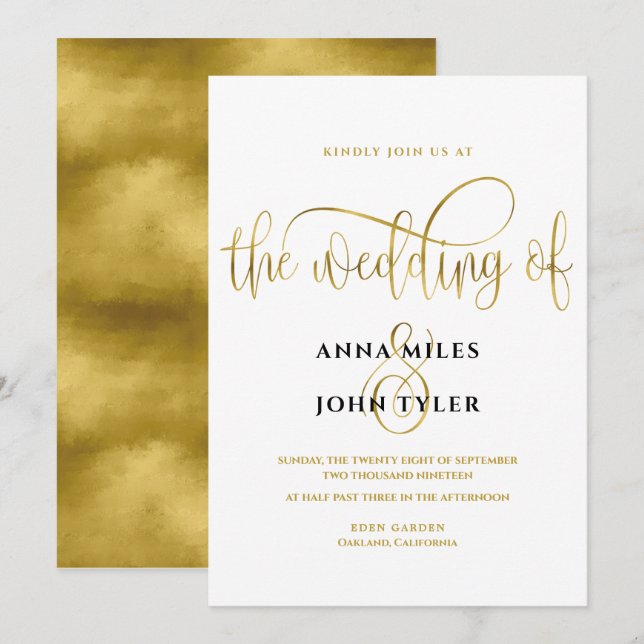 Invitation Élégante typographie Mariage Gold Foil (Devant / Derrière)