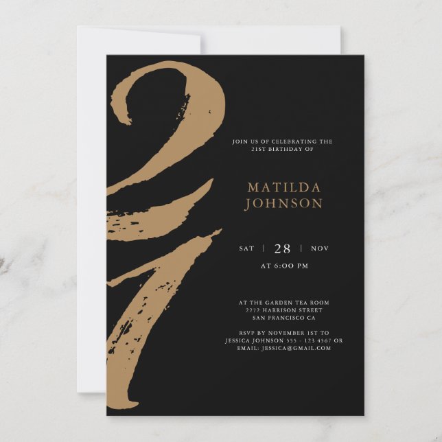 Invitation Élégante typographie noir et or 21e anniversaire (Devant)
