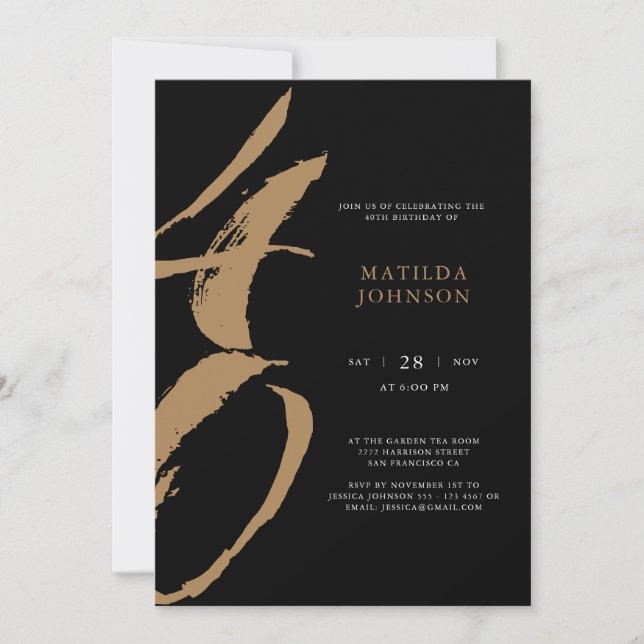 Invitation Élégante typographie noir et or 40e anniversaire (Devant)