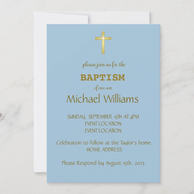 Invitation Élégante Typographie Or Croix Baptême sur Cyan Blu (Devant)