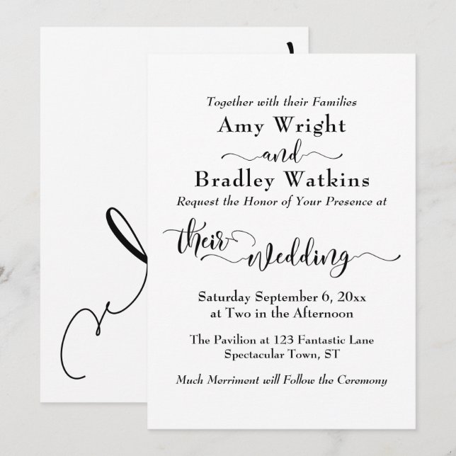 Invitation Élégante typographie subtile, noir sur Mariage bla (Devant / Derrière)