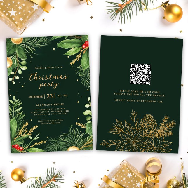 Invitation Élégante Vacances vertes QR Code fête de Noël (Elegant Holiday Greenery QR Code Christmas Party I Invitation)