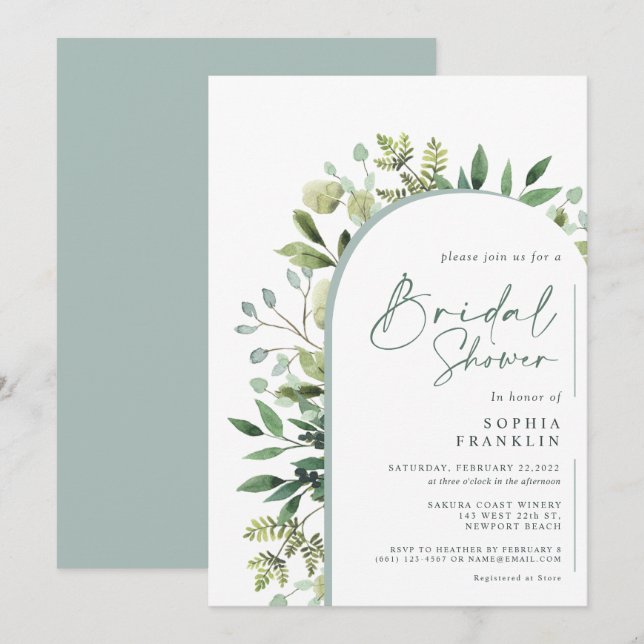 Invitation Elégante verdure Aquarelle Fête des mariées floral (Devant / Derrière)