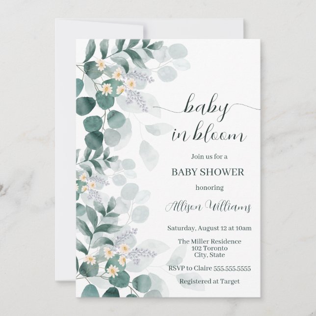 Invitation Elégante verdure baby shower moderne eucalyptus (Devant)