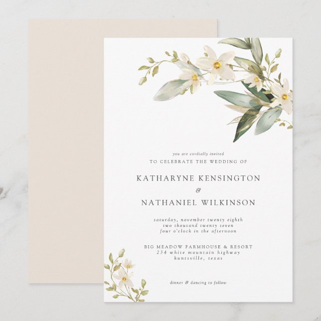 Invitation Élégante verdure Blanc Floral Mariage (Devant / Derrière)