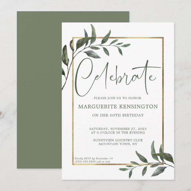 Invitation Elégante verdure botanique Gold Foil 60e anniversa (Devant / Derrière)
