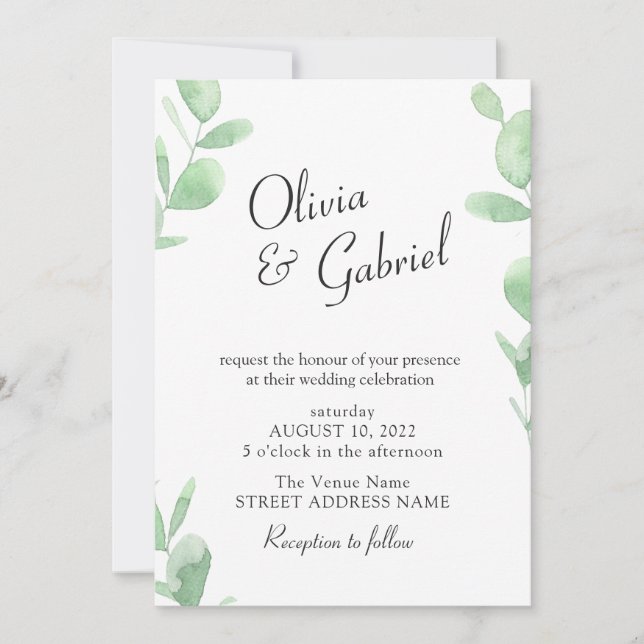 Invitation Elégante verdure botanique. Mariage simple (Devant)