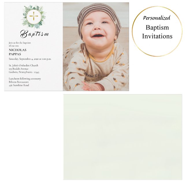 Invitation Élégante verdure couronne Baptême chrétien orthodo (Créateur téléchargé)