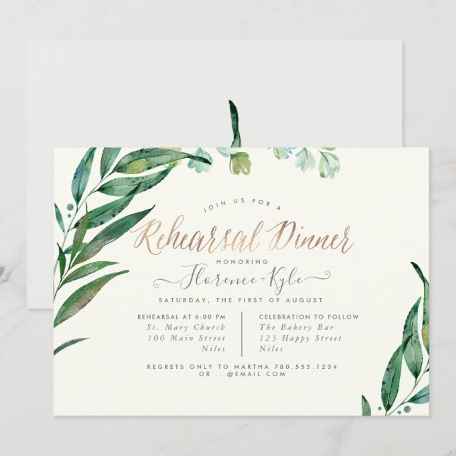 Invitation Élégante Verdure, Dîner De Répétition Eucalyptus L (Devant / Derrière)