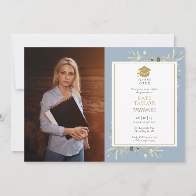 Invitation Élégante verdure Dusty Blue Graduation Party Photo (Devant)