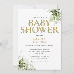 Invitation Élégante verdure Foliage Gold Lettre Baby shower