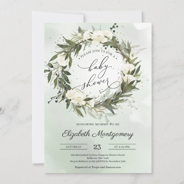 Invitation Élégante verdure Olive Wreath White Roses Baby (Devant)