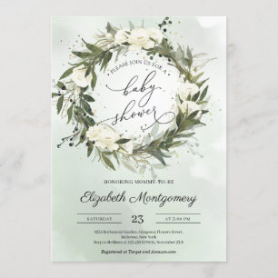 Invitation Élégante verdure Olive Wreath White Roses Baby