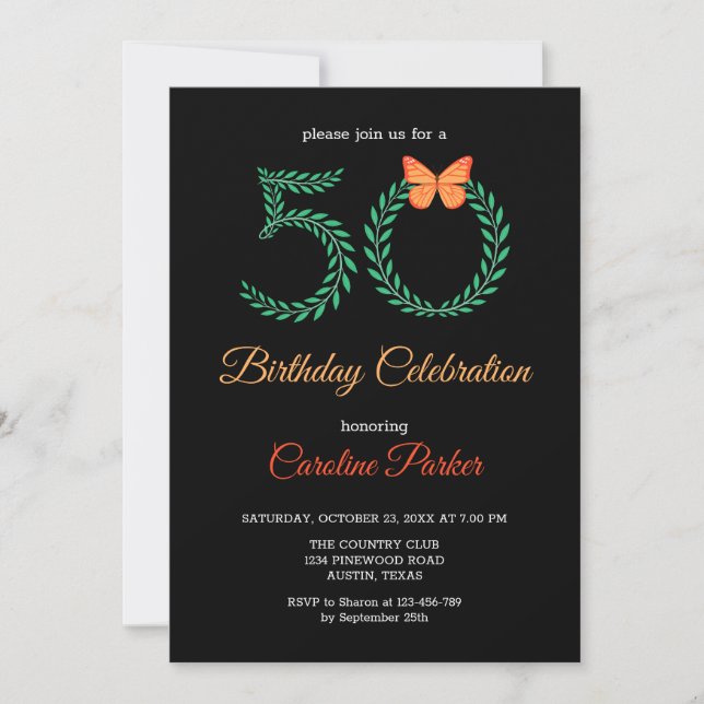 Invitation Elégante verdure papillon botanique 50e anniversai (Devant)