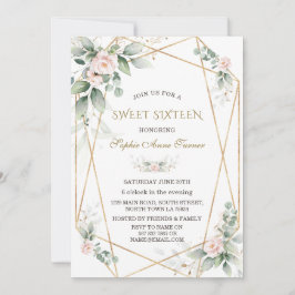 Invitation Élégante verdure rose Floral Sweet sixteen or
